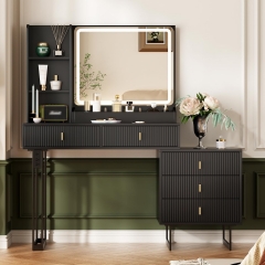 Modern Black Vanity Table with Lighted Mirror and Movable Side Cabinet
