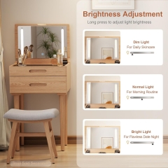 Compact Wooden Vanity Desk with LED Mirror 3-in-1 Design for Bedroom As Dresser Nightstand & Desk