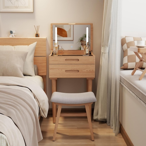 Compact Wooden Vanity Desk with LED Mirror 3-in-1 Design for Bedroom As Dresser Nightstand & Desk
