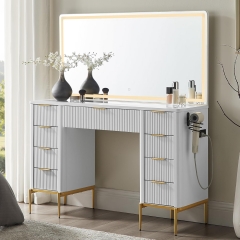 Modern Luxury Vanity Desk with LED Mirror 9 Drawer Makeup Table with Power Strip & Hair Dryer Holder
