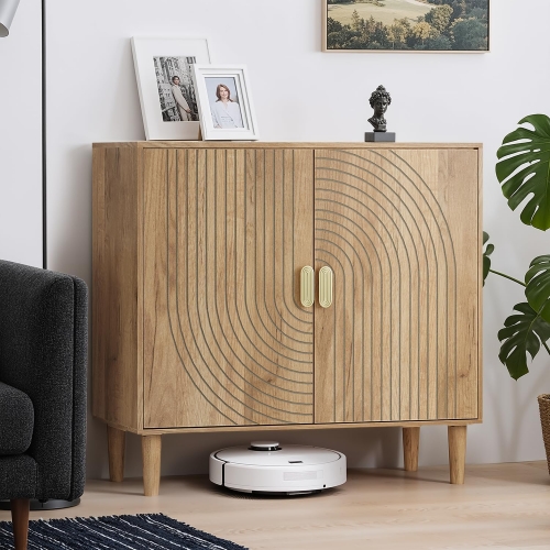 Modern Wood Entryway Cabinet with Adjustable Interior Shelves Carved Pattern Doors