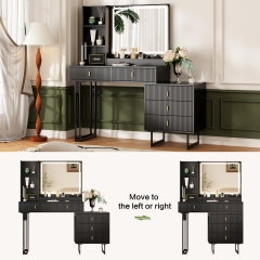 Modern Black Vanity Table with Lighted Mirror and Movable Side Cabinet