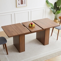 Modern Walnut Extendable Dining Table with Fluted Double Base