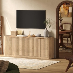 Natural Wood Fluted Sideboard Buffet Cabinet with Long Storage Space Vertical Slatted Doors for Dining Living Room