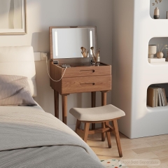 3-in-1 Multifunctional Vanity Table with LED Mirror Wooden Makeup Desk Nightstand & Work Desk