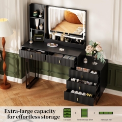Modern Black Vanity Table with Lighted Mirror and Movable Side Cabinet