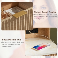 Modern Lighted Makeup Vanity Desk with Side Cabinet Adjustable Shelves Glass Top and Charging Station