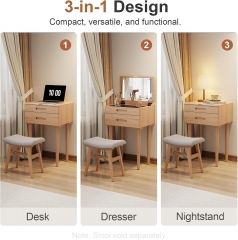 Compact Wooden Vanity Desk with LED Mirror 3-in-1 Design for Bedroom As Dresser Nightstand & Desk