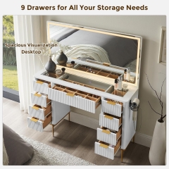 Modern Luxury Vanity Desk with LED Mirror 9 Drawer Makeup Table with Power Strip & Hair Dryer Holder