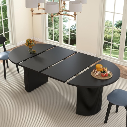 Modern Black Extendable Dining Table with Fluted Double Base