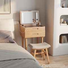 Compact Wooden Vanity Desk with LED Mirror 3-in-1 Design for Bedroom As Dresser Nightstand & Desk