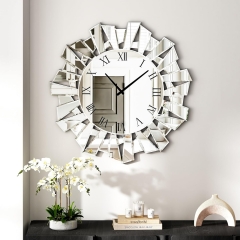 Glam Crystal Style Sunburst Wall Clock Large Silver Mirror Clock
