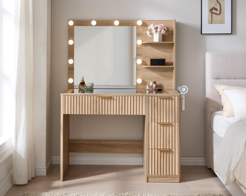 Large Lighted Vanity Table with Clear Glass Top Four Drawers and Open Side Shelves for Bedroom Makeup Storage