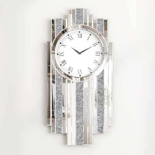Art Deco Mirrored Wall Clock with Crystal Glitter Stripes Roman Numeral Design