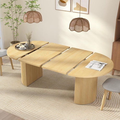 Large Wooden Dining Table with Rounded Corners and Expandable Top