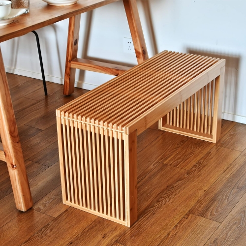 Natural Wood Grid Bench Japanese Style Slatted Seating Furniture