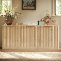 Natural Wood Fluted Sideboard Buffet Cabinet with Long Storage Space Vertical Slatted Doors for Dining Living Room