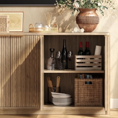 Natural Wood Fluted Sideboard Buffet Cabinet with Long Storage Space Vertical Slatted Doors for Dining Living Room