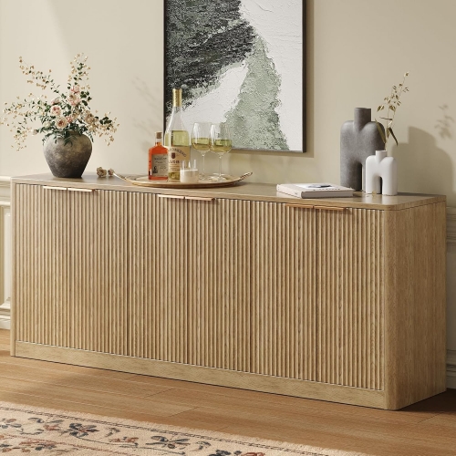 Natural Wood Fluted Sideboard Buffet Cabinet with Long Storage Space Vertical Slatted Doors for Dining Living Room