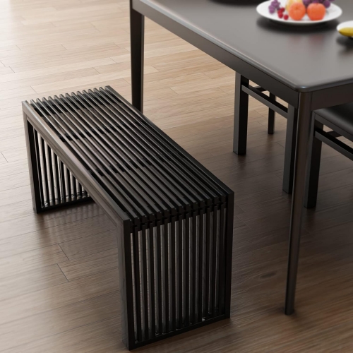 Contemporary Black Wooden Slat Bench for Entryway or Dining
