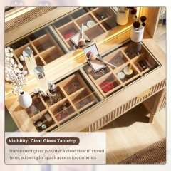 Modern Lighted Makeup Vanity Desk with Side Cabinet Adjustable Shelves Glass Top and Charging Station