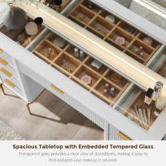 Modern Luxury Vanity Desk with LED Mirror 9 Drawer Makeup Table with Power Strip & Hair Dryer Holder