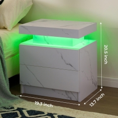 Compact RGB Lighted Bedside Table Nightstand with Marble Pattern and 2 Drawer Organizers