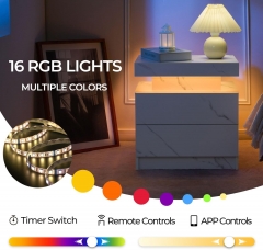 Compact RGB Lighted Bedside Table Nightstand with Marble Pattern and 2 Drawer Organizers
