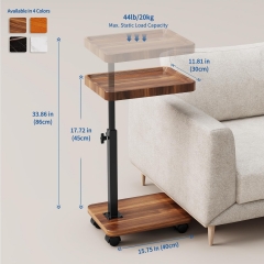 Adjustable Height Rolling Side Table with Walnut Finish and Anti-Roll Design