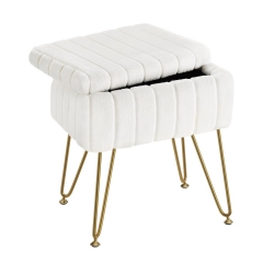 Modern White Faux Fur Storage Stool with Stable Gold Legs and Spacious Hidden Storage