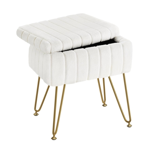 Modern White Faux Fur Storage Stool with Stable Gold Legs and Spacious Hidden Storage