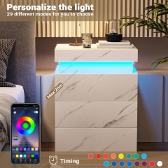 Stylish Marble Finish Nightstand with Smart LED Lights USB Charging and Storage Drawers