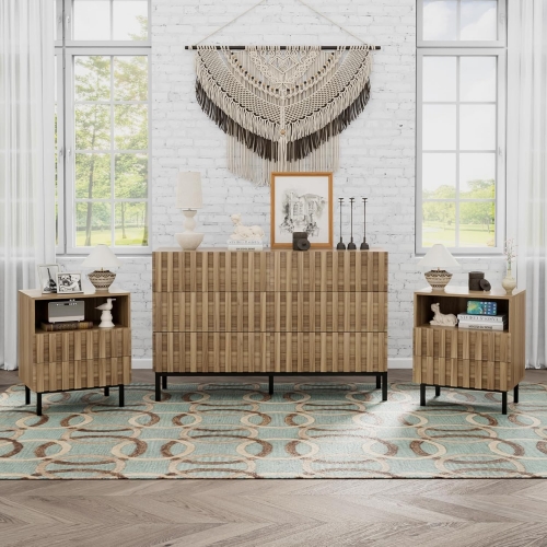 Functional Oak Finish Bedroom Furniture Set Dresser and 2 Nightstands with Open Shelf and Drawer