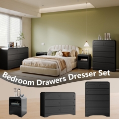 Functional Black Bedroom Set 6 Drawer Dresser and Nightstands with Open Hidden Storage for Daily Use