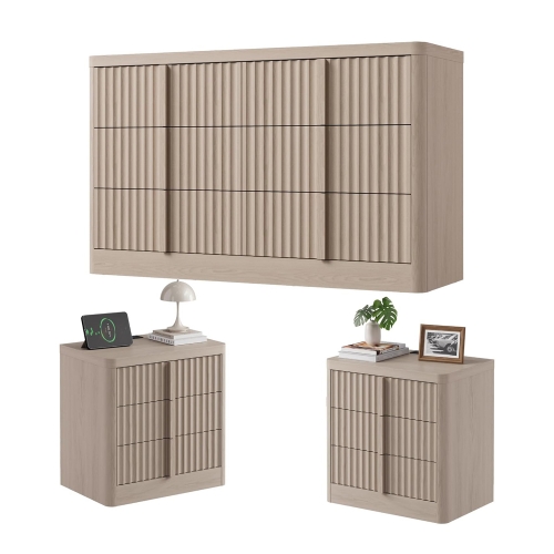 Modern Bedroom Furniture Set with 6-Drawer Dresser and 2 Nightstands with USB Outlets & Storage