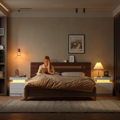 Compact RGB Lighted Bedside Table Nightstand with Marble Pattern and 2 Drawer Organizers