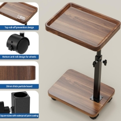 Adjustable Height Rolling Side Table with Walnut Finish and Anti-Roll Design