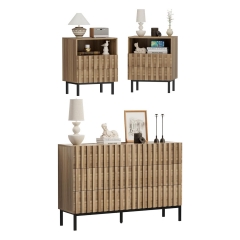 Functional Oak Finish Bedroom Furniture Set Dresser and 2 Nightstands with Open Shelf and Drawer