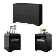 Functional Black Bedroom Set 6 Drawer Dresser and Nightstands with Open Hidden Storage for Daily Use