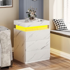 Stylish Marble Finish Nightstand with Smart LED Lights USB Charging and Storage Drawers