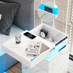 Stylish Marble Finish Nightstand with Smart LED Lights USB Charging and Storage Drawers