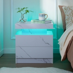 Compact RGB Lighted Bedside Table Nightstand with Marble Pattern and 2 Drawer Organizers