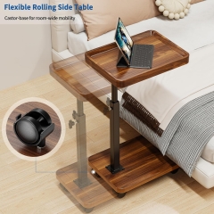 Adjustable Height Rolling Side Table with Walnut Finish and Anti-Roll Design