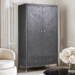 Functional Double Door Wardrobe Dark Wood Finish Wooden Slat Groove Drawers for Bedroom Use