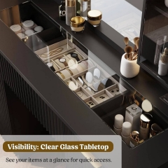 Modern Bedroom Adjustable LED Vanity Desk with Storage Cabinets and Clear Glass Tabletop