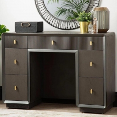 Dark Wood Vanity Desk with Wooden Slat Groove Drawer and Brass Hardware