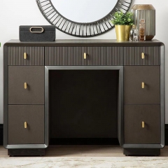 Dark Wood Vanity Desk with Wooden Slat Groove Drawer and Brass Hardware