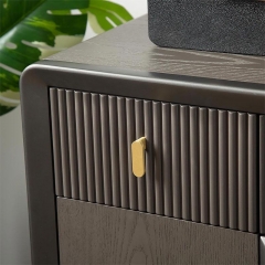 Dark Wood Vanity Desk with Wooden Slat Groove Drawer and Brass Hardware