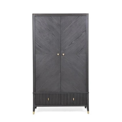 Functional Double Door Wardrobe Dark Wood Finish Wooden Slat Groove Drawers for Bedroom Use
