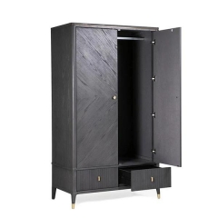 Functional Double Door Wardrobe Dark Wood Finish Wooden Slat Groove Drawers for Bedroom Use
